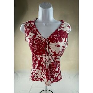 Vintage Jane Norman Y2K Milkmaid Cami Top Red White Hibiscus Hawaiian Print
